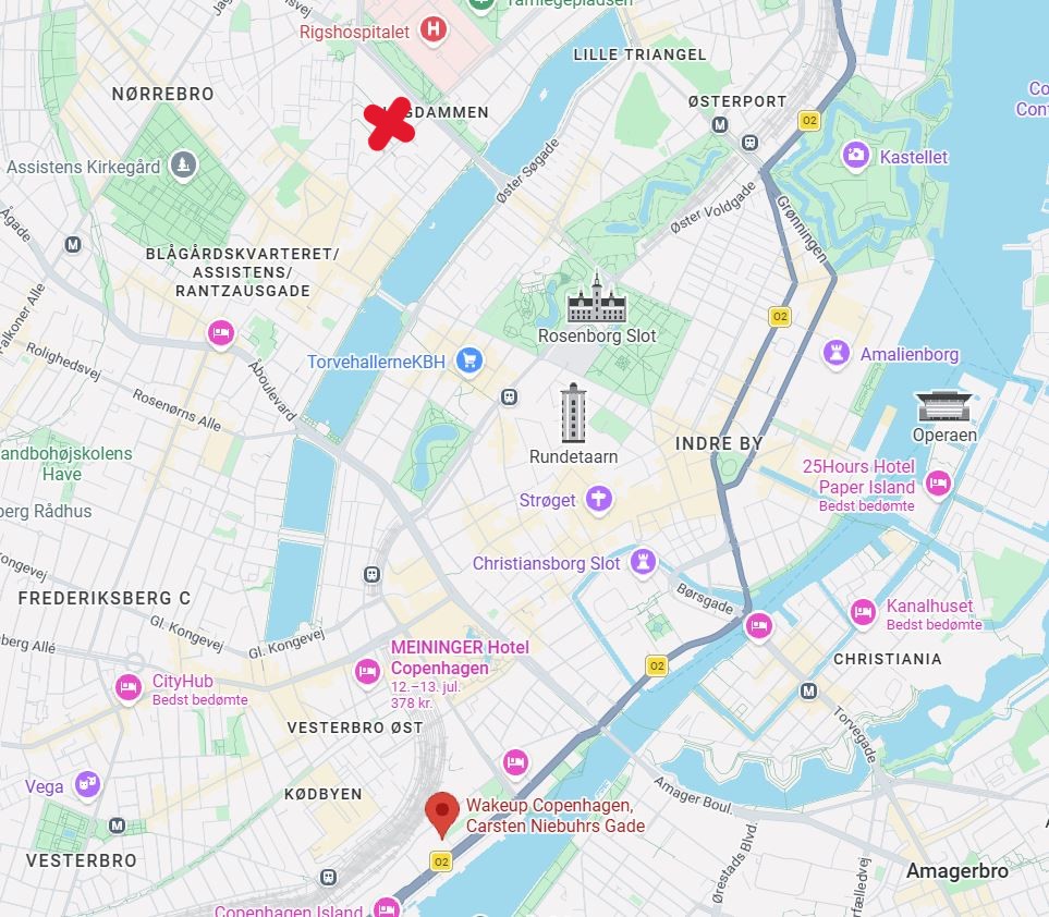 Screenshot from Google Maps with hotel and Panum marked